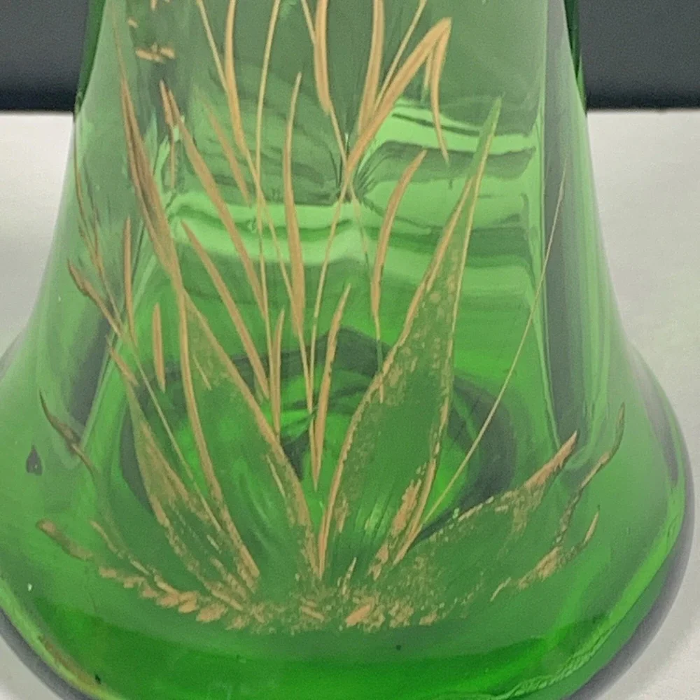 Emerald Green Glass Bud Vase Gold Etched Floral Art Mid Century Decor 8